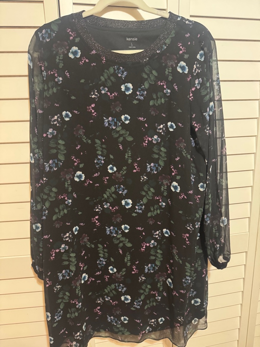 Kensie Black Floral Long Sleeve Tunic Dress with Blue & Green Accents